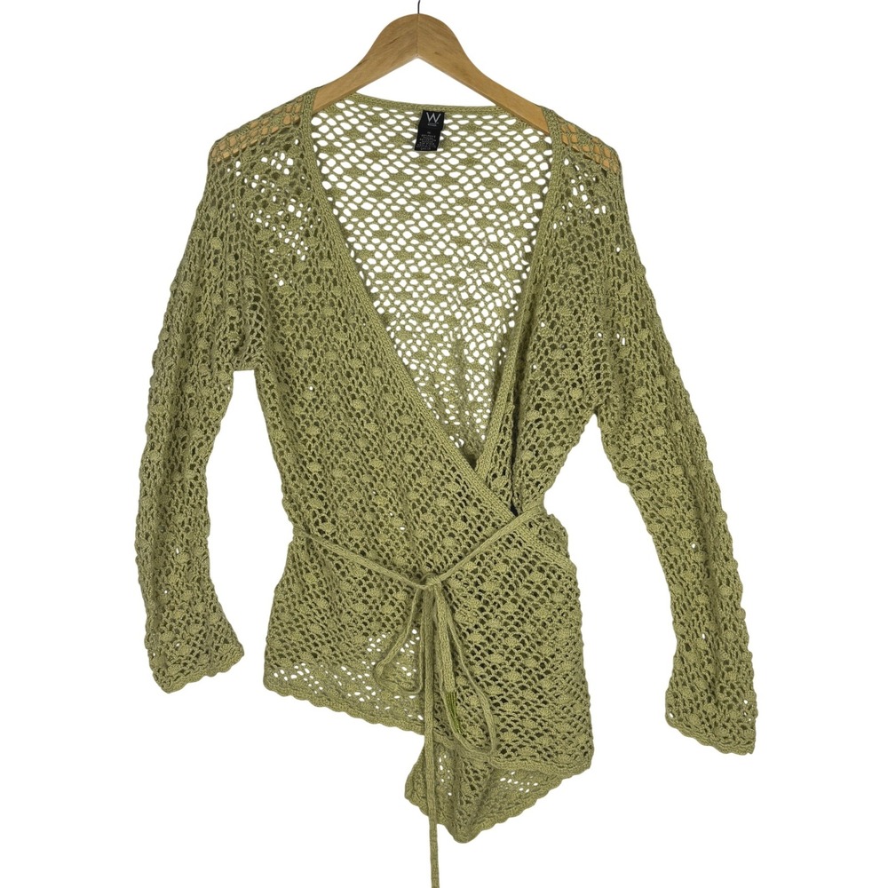 W Woman Sage Green Crochet Wrap Cardigan Sweater Fairycore 1X Boho Open Knit